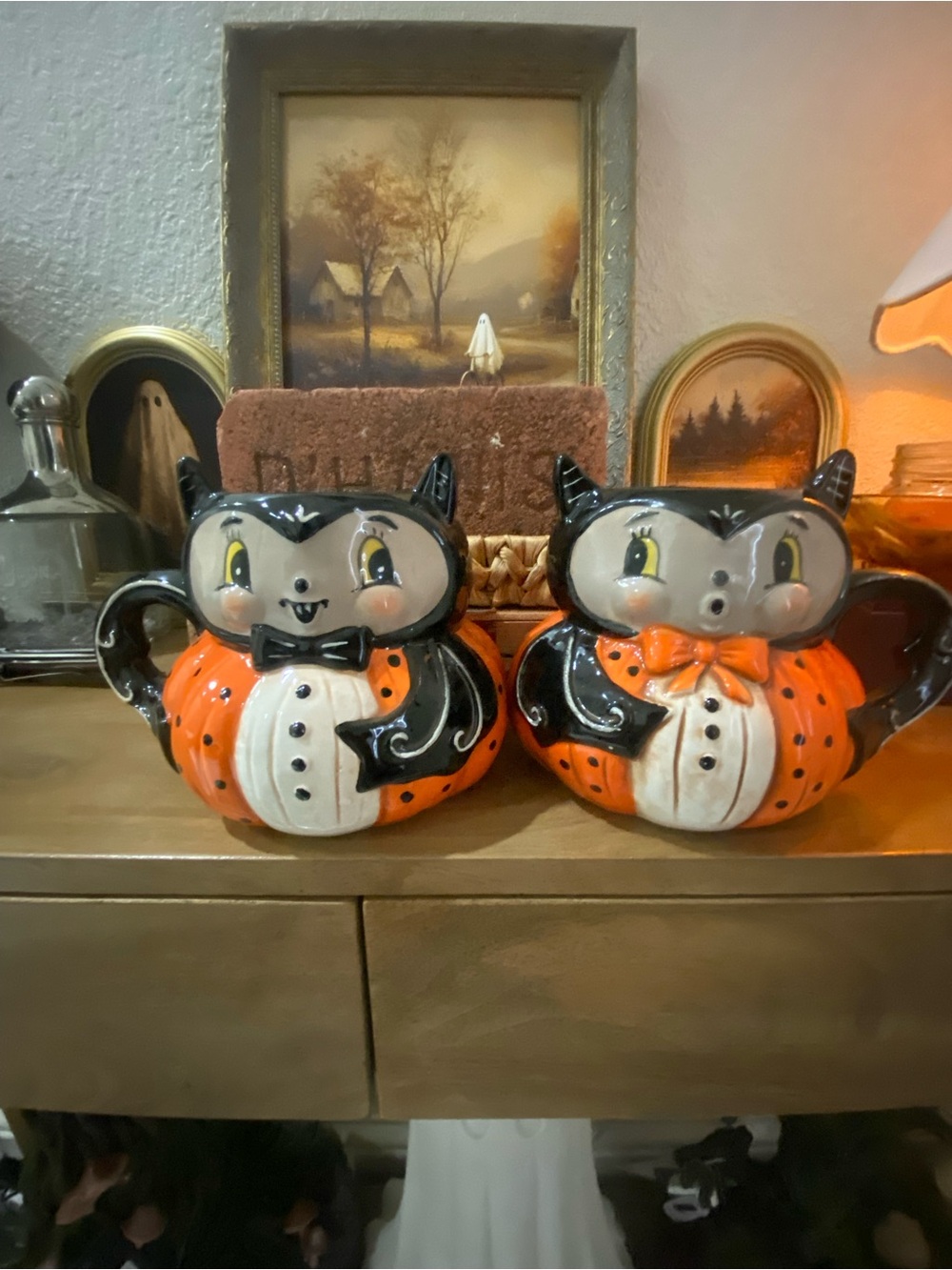 Johanna Parker Halloween Bat Pumpkin Ceramic Mug - Orange and Black. Set of 2